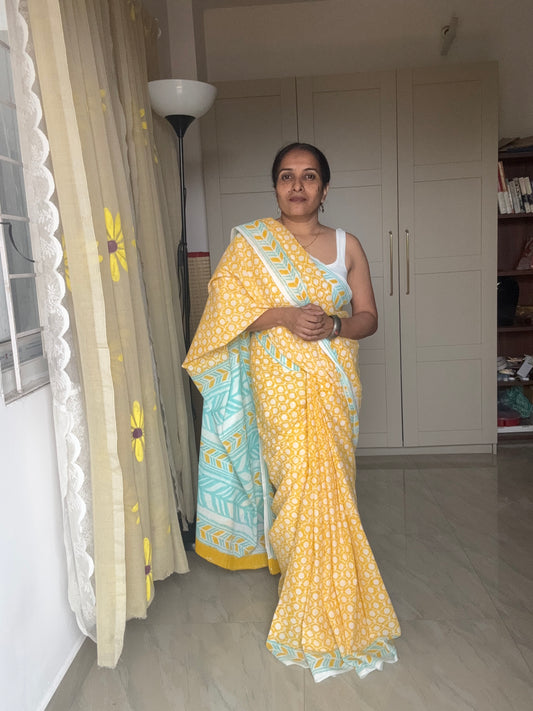 Yellow Handblock printed Cotton saris